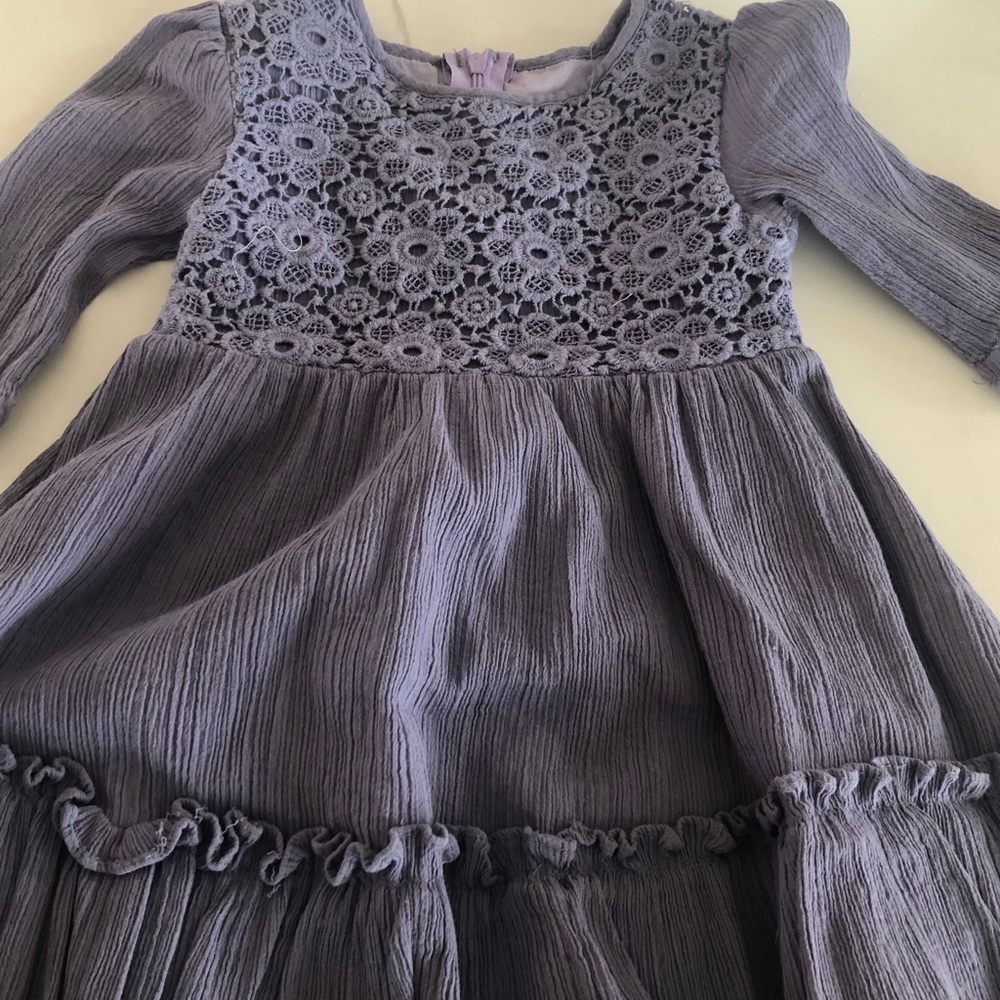 Girls purple flower dress , squarer length ballon sleeves . Sizes XS-XL